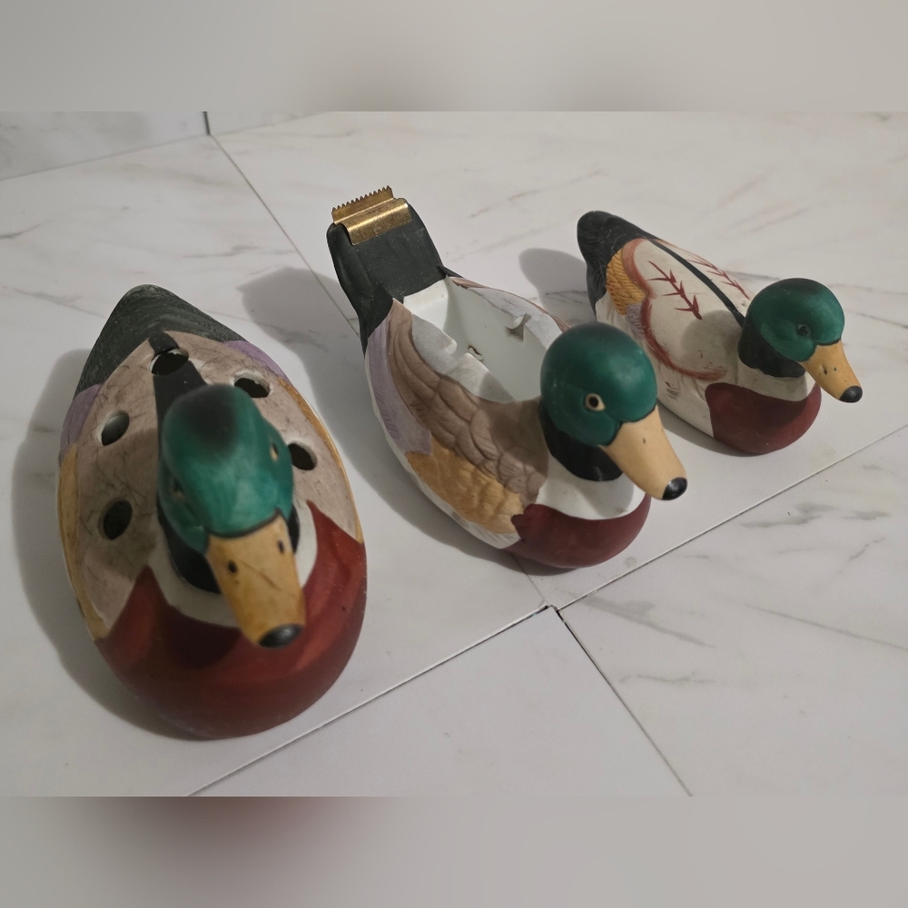 Vintage Mallard Duck Figurines - Ceramic Office Desk Set - 5” Long - Pen Holder